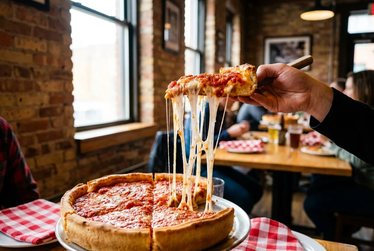 A deep-dish pizza slice lifted with a long cheese pull in a brick-walled Chicago pizzeria