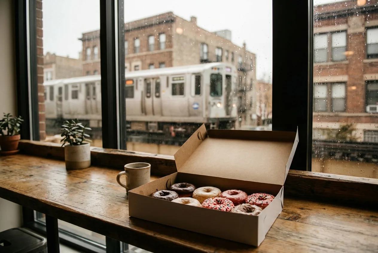 Frosted donuts in an open box on a cafe counter with a Chicago elevated train blurred outside
