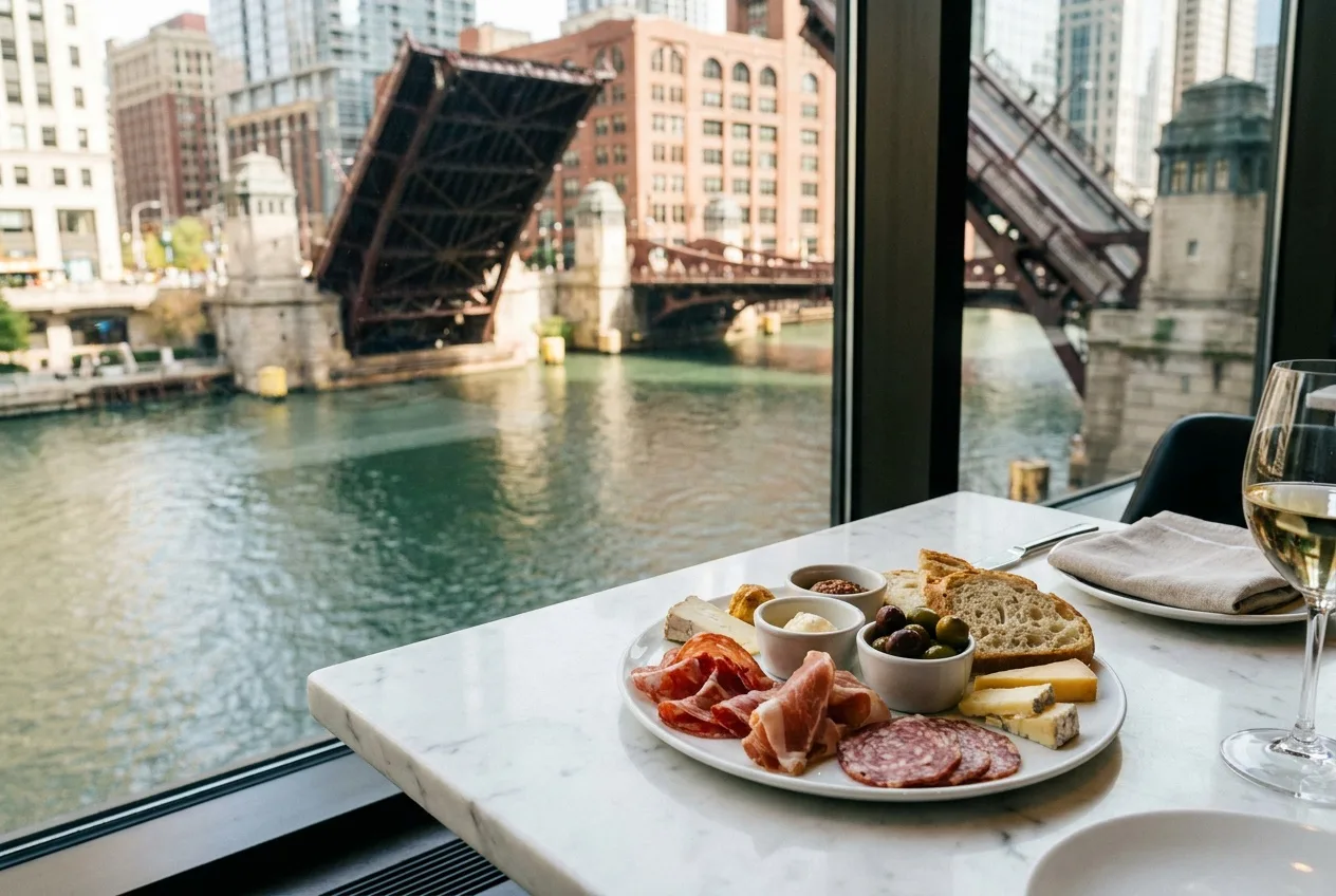 A tasting plate on a white table by a window overlooking the Chicago River and its steel bridges