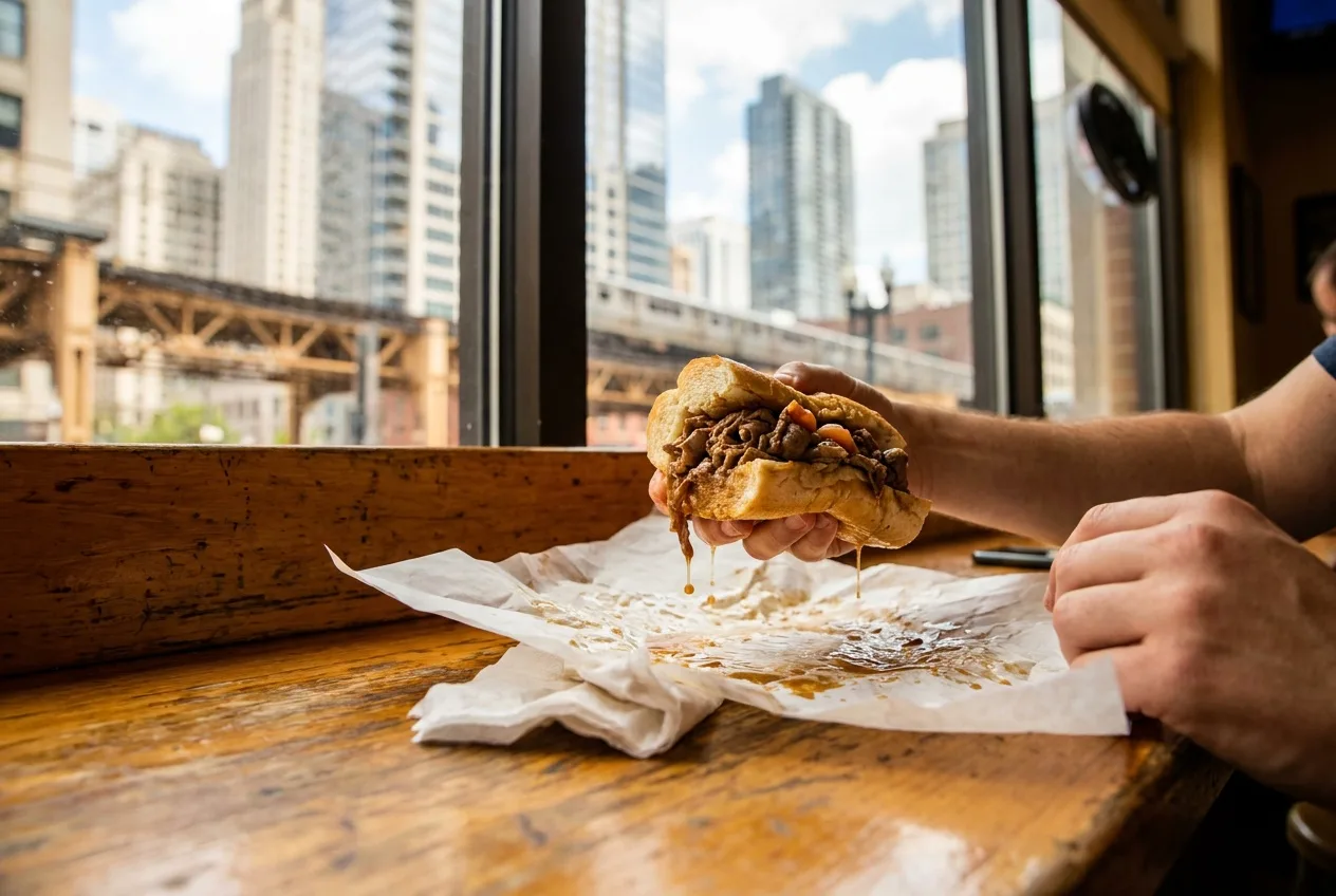 An Italian beef sandwich dripping onto paper at a Loop counter
