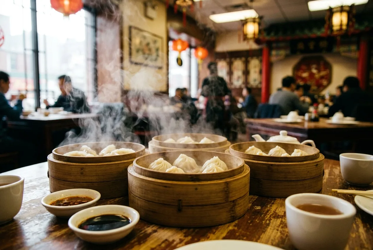 Steaming bamboo baskets of dumplings on a Chinatown restaurant table