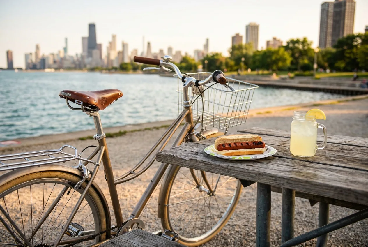 A city bike leaning beside a lakefront path table holding a hot dog and lemonade