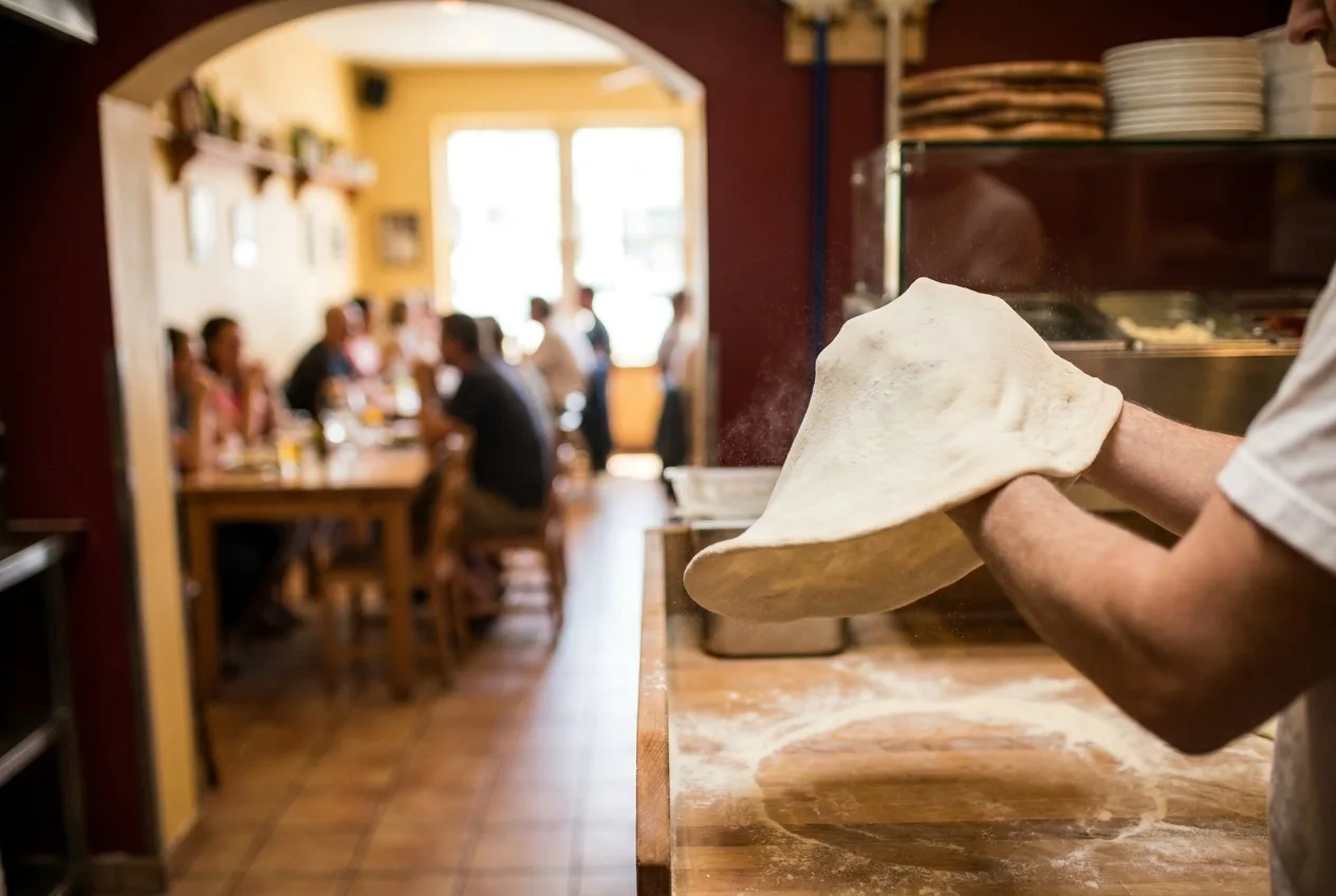 Flour-dusted dough being stretched in a pizzeria kitchen