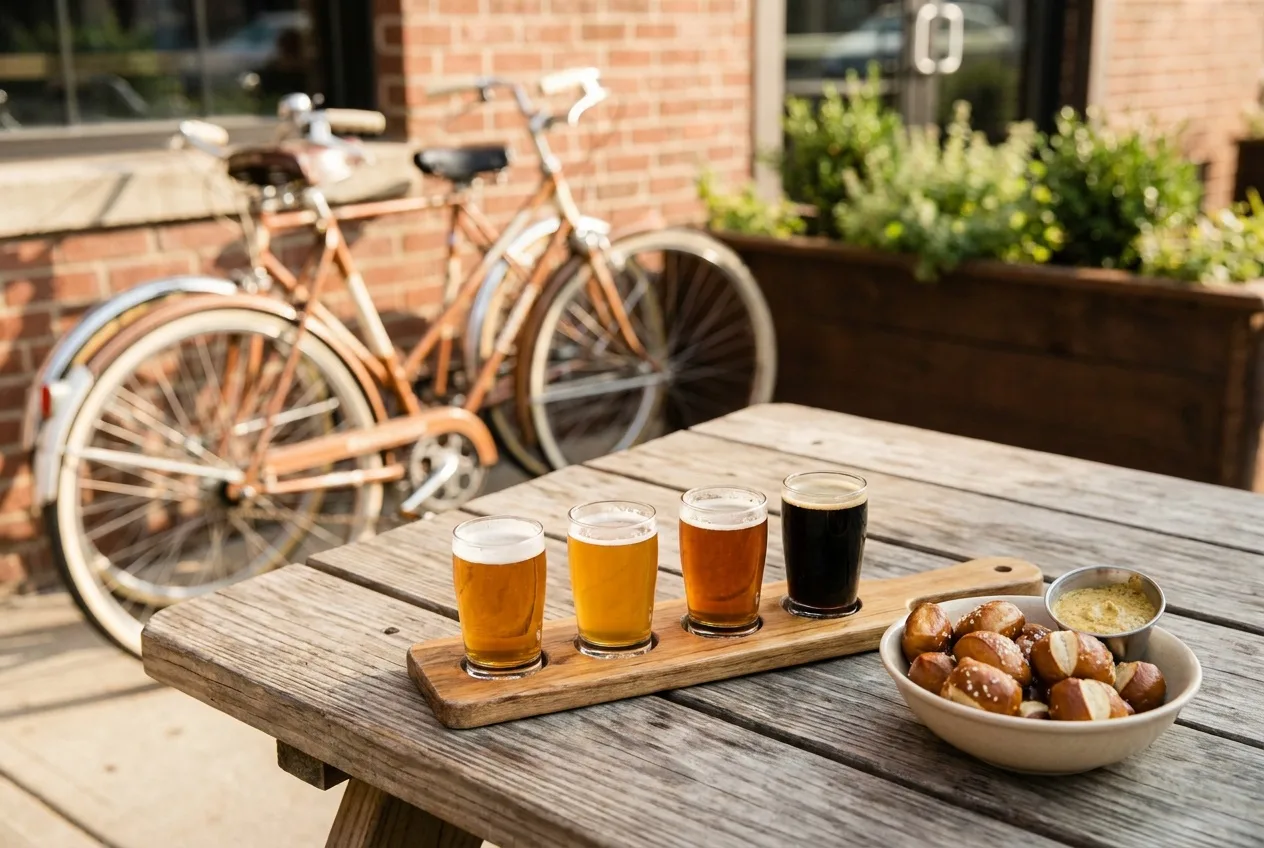 A craft beer flight and pretzel bites on a brewery patio table with bicycles parked beside