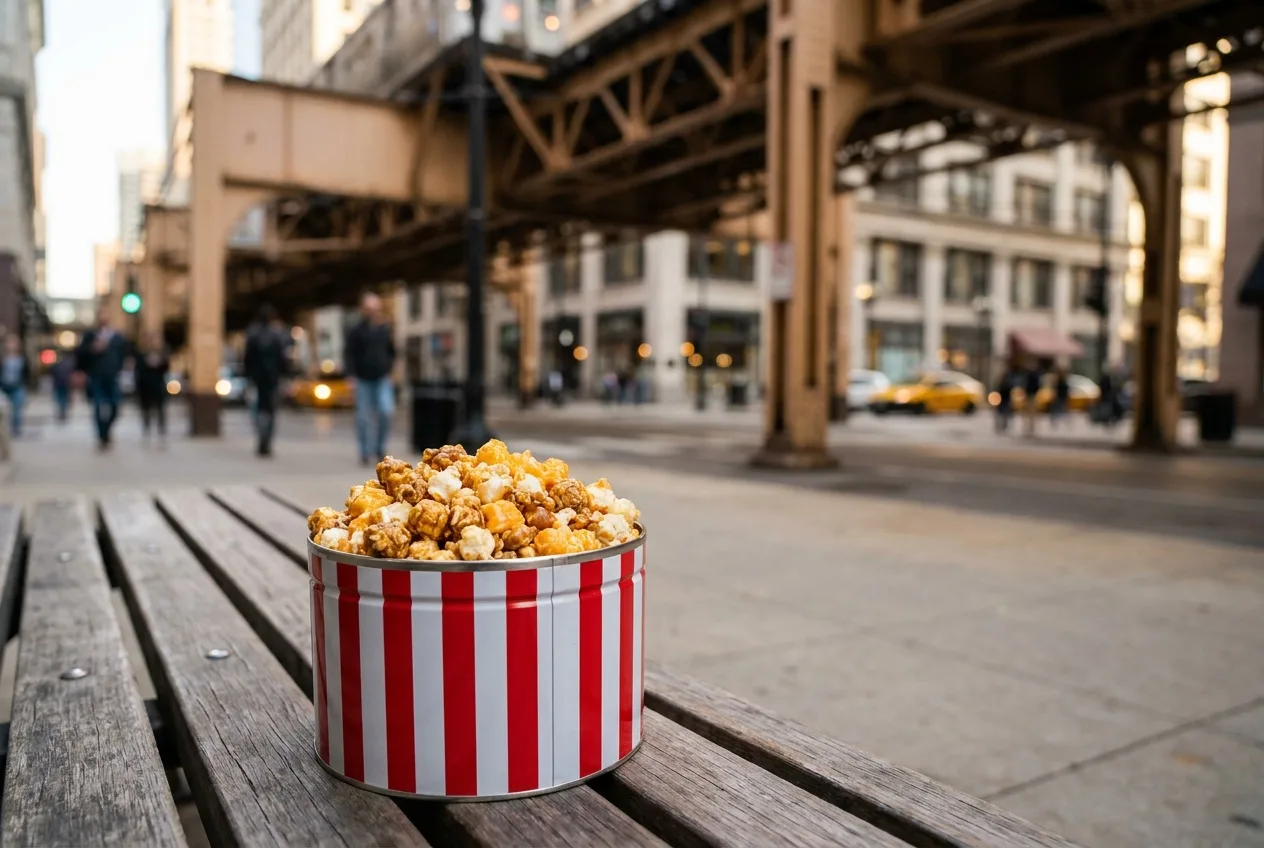 Caramel and cheese popcorn mixed in a striped tin with the Loop's elevated tracks behind