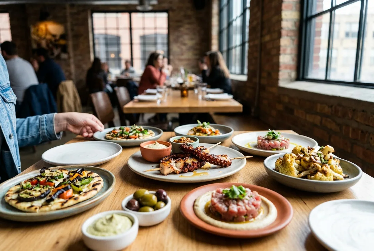 A spread of modern shareable plates on a stylish exposed-brick River North restaurant table