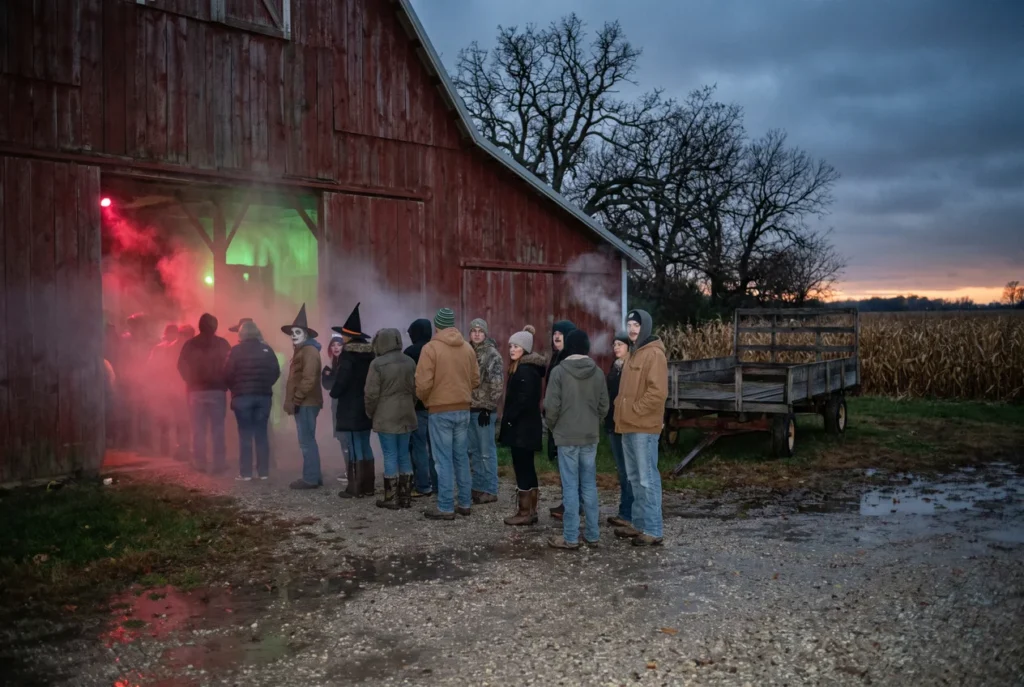 Costumed visitors in coats waiting at night outside an old red barn used as a haunted house on flat farmland, fog spilling from the open door under red and green light
