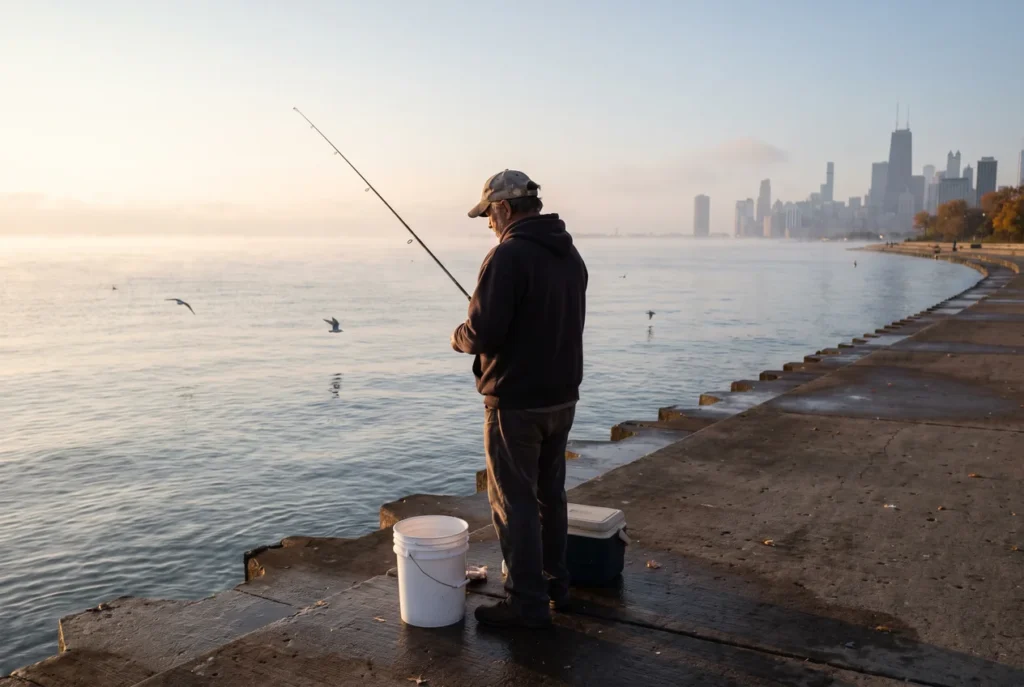 An angler on the concrete revetment at Montrose Harbor at sunrise, rod in hand, Lake Michigan and the downtown Chicago skyline in the distance