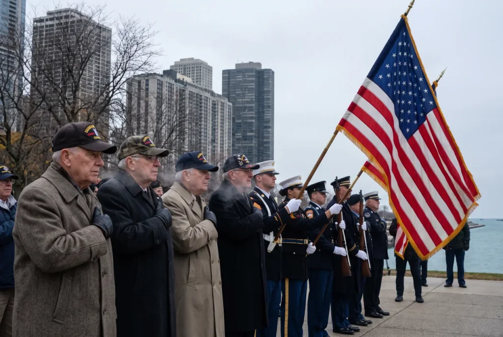Veterans in unit ball caps standing at a Veterans Day ceremony in Chicago on a grey November morning, American flags and the city skyline behind them